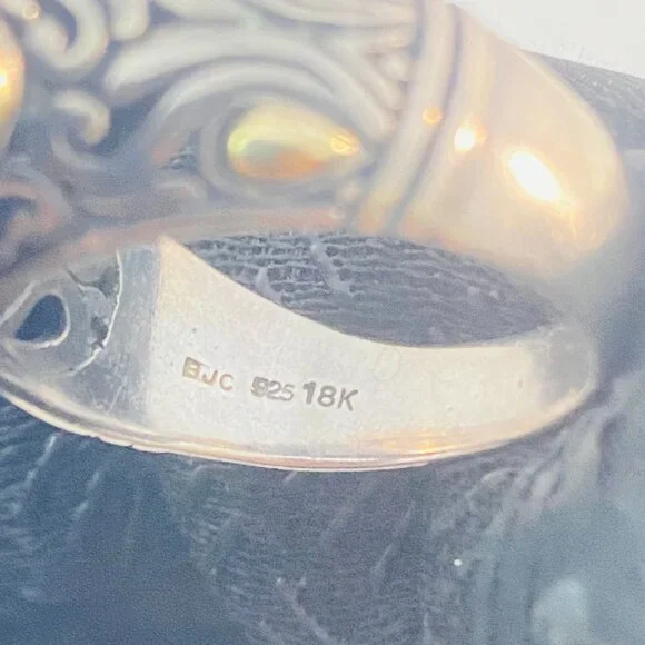 Vintage Sterling Silver & 18K Gold Ornate Gemstone Ring – BJC 925 18K - Picture 4 of 12